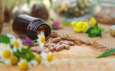 İlaveler, şifalı bitkiler ve çiçekler. Seçici odaklanma. Doğa.