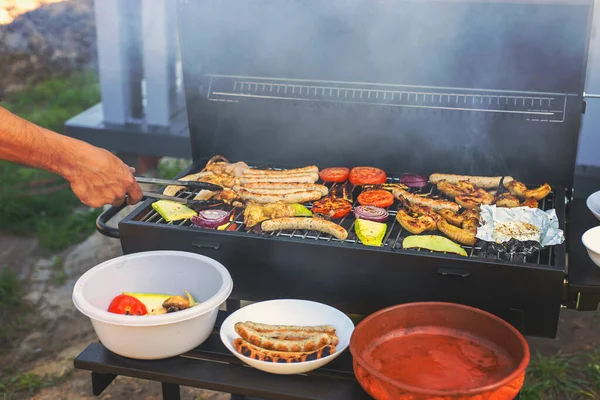 Grill Sausages Vegetables Selective Focus Food — Stock Photo, Image