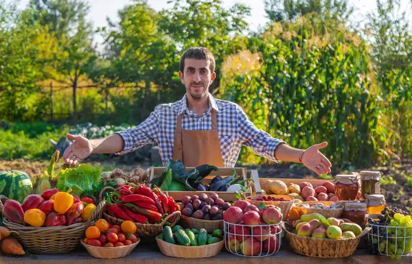 Agricultor Vende Frutas Legumes Mercado Dos Agricultores Foco Seletivo Alimentos — Fotografia de Stock