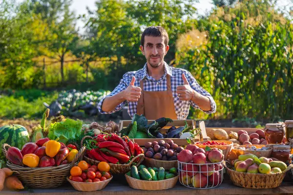 Αγρότης Πουλάει Φρούτα Και Λαχανικά Στην Αγορά Των Αγροτών Επιλεκτική — Φωτογραφία Αρχείου