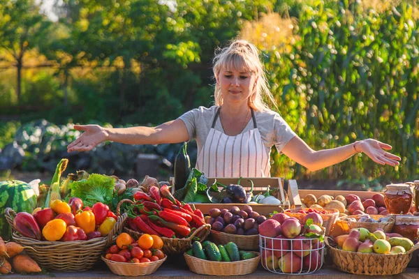 Μια Αγρότισσα Πουλάει Φρούτα Και Λαχανικά Μια Λαϊκή Αγορά Επιλεκτική — Φωτογραφία Αρχείου