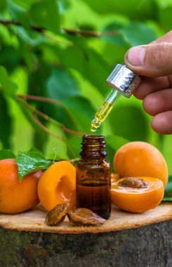 Şişedeki kayısı çekirdeği yağı. Seçici odaklanma. Yiyecek..