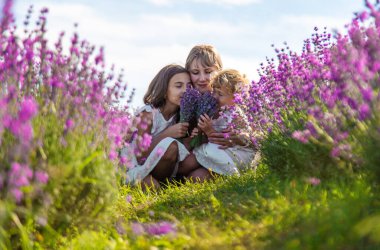 Anne ve çocuklar lavanta tarlasında. Seçici odaklanma. Doğa.