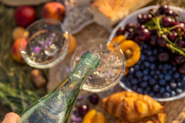 Lavanta tarlasında şaraplı piknik. Seçici odaklanma. Doğa.