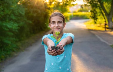 Çocuk elinde bir bitki tutuyor. Seçici odaklanma. Çocuk.