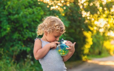 Bir çocuk elinde büyüteçle kavanoza bakar. Seçici odaklanma. Çocuk.