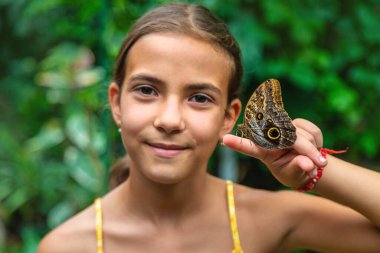 Bir çocuk güzel bir kelebek tutuyor. Seçici odaklanma. Doğa.