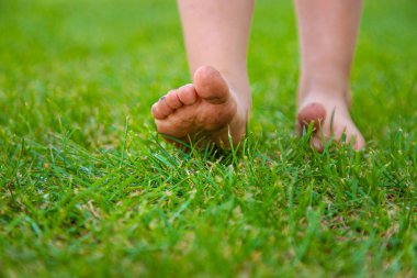 Child feet on the grass. Selective focus. Kid. clipart