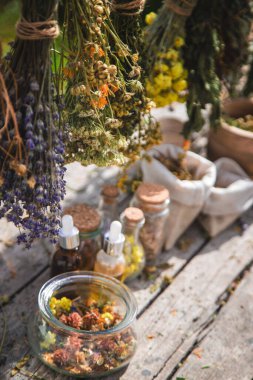 Masada kurutulmuş şifalı bitkiler var. Seçici odaklanma. Doğa.
