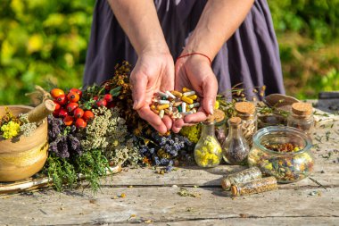 Bitkilerin ve besinlerin ellerinde. Seçici odaklanma. Doğa.