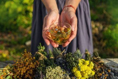 Bir kadın bitki çayı yapar. Seçici odaklanma. Doğa.