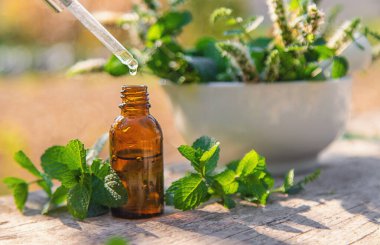 Şişe içindeki nane yağı. Seçici odaklanma. Doğa.