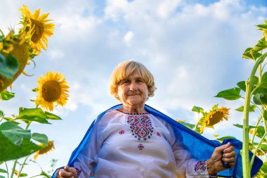 Ayçiçeği tarlasında nakışlı gömlek giyen yaşlı bir kadın. Seçici odaklanma. Doğa.
