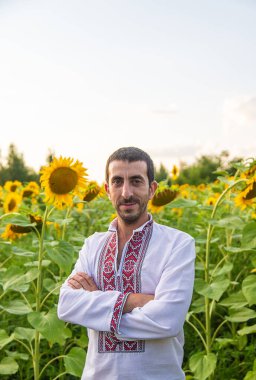 Ayçiçeği tarlasında nakışlı gömlek giyen bir adam. Seçici odaklanma. Doğa.