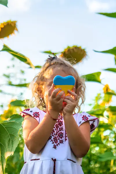 Stock image Child in a sunflower field wearing an embroidered shirt. Selective focus. nature.