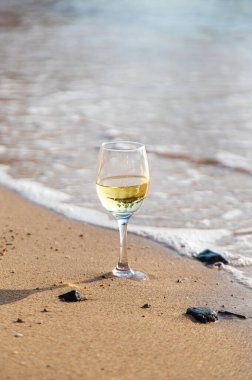 Deniz kıyısında bir bardak şarap. Seçici odaklanma. İç..