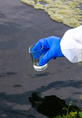 Nehirden bir su örneği al. Seçici odaklanma. Doğa.