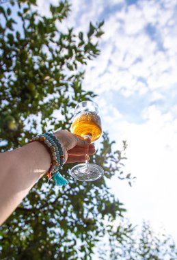 Piknikteki kadının ellerinde şarap. Seçici odaklanma. Doğa.