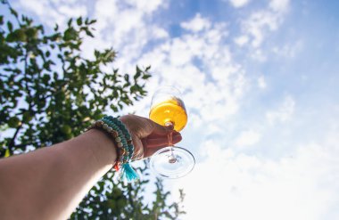 Piknikteki kadının ellerinde şarap. Seçici odaklanma. Doğa.