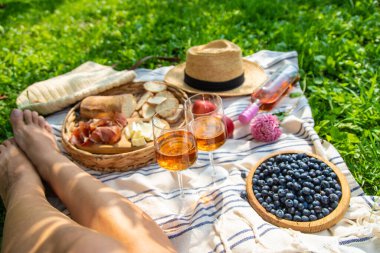 Piknikteki kadının ellerinde şarap. Seçici odaklanma. Doğa.