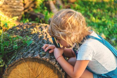 Bir çocuk doğadaki büyüteçten bakar. Seçici odaklanma. Çocuk,