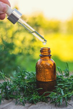 Kekik özü şişede. Seçici odaklanma. Doğa.