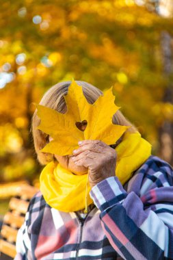 Sonbahar parkında kıdemli bir kadın. Seçici odaklanma. Doğa.