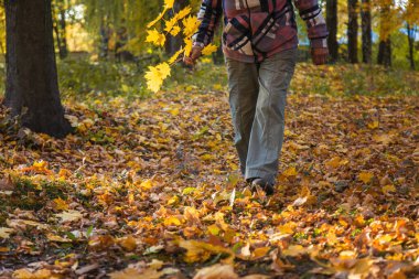 Sonbahar parkında kıdemli bir kadın. Seçici odaklanma. Doğa.