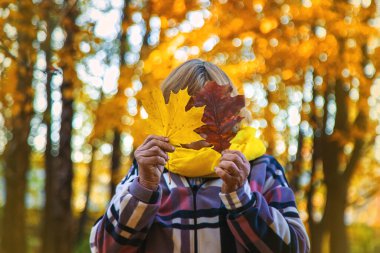 Sonbahar parkında kıdemli bir kadın. Seçici odaklanma. Doğa.