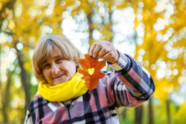 Sonbahar parkında kıdemli bir kadın. Seçici odaklanma. Doğa.
