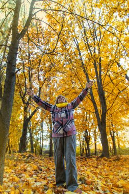 Sonbahar parkında kıdemli bir kadın. Seçici odaklanma. Doğa.
