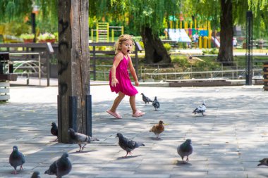 Bir çocuk parkta güvercin kovalıyor. Seçici odaklanma. Çocuk.