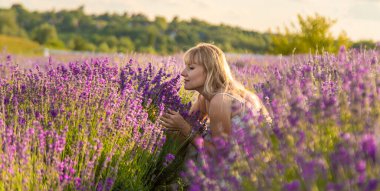 Lavanta tarlasında bir kadın. Seçici odaklanma. Doğa.