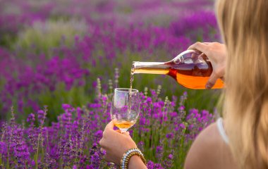 Lavanta tarlasında şarap içen kadın. Seçici odaklanma. Doğa.