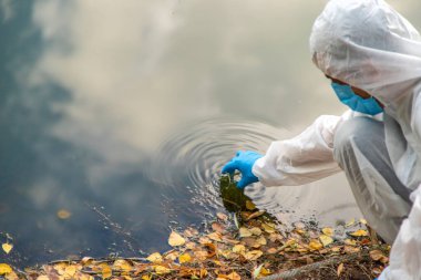 Analiz için su örneği al. Seçici odaklanma. Doğa.