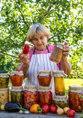 Kavanozlarda farklı türlerin korunması. Seçici odaklanma. yiyecek.