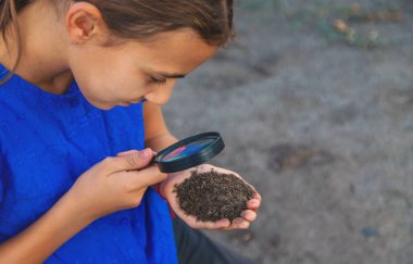 Bir çocuk büyüteçle toprağa bakar. Seçici odaklanma. Çocuk.