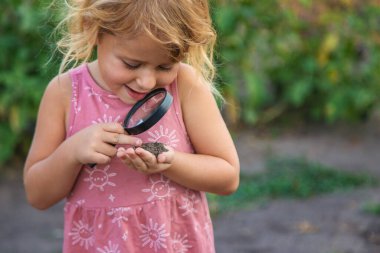 Bir çocuk büyüteçle toprağa bakar. Seçici odaklanma. Çocuk.