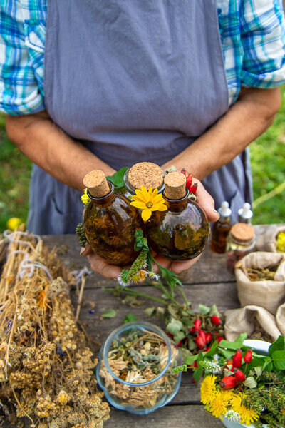 Medicinal herbs alternative medicine old woman. Selective focus. Nature.