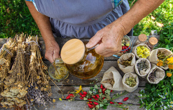 Medicinal herbs and tea old woman. Selective focus. Nature.