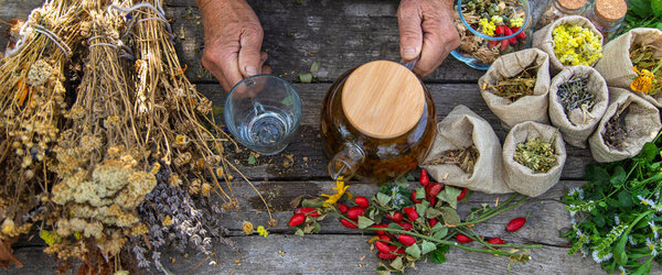 Medicinal herbs and tea old woman. Selective focus. Nature.