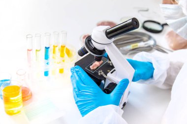 Laboratuvarda eti inceleyin. Seçici odaklanma. Yiyecek..