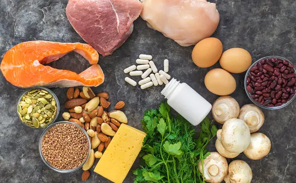 Yiyecekler çinko besin içerir. Seçici odaklanma. Zn.