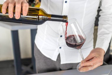 Ellerinde bir kadeh kırmızı şarap. Seçici odaklanma. iç.