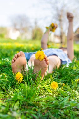 Karahindiba bahçesinde çocuk ayakları. Seçici odaklanma. çocuk,