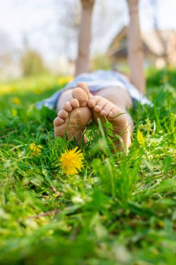 Karahindiba bahçesinde çocuk ayakları. Seçici odaklanma. çocuk,