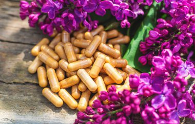 Leylak çiçeği özü ve diyet takviyeleri. Seçici odaklanma. Doğa. kapsüller,