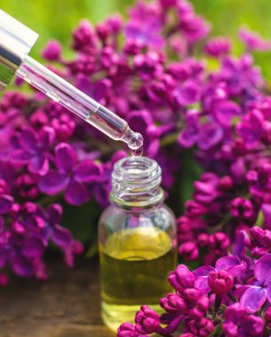 Leylak çiçeği özü ve diyet takviyeleri. Seçici odaklanma. Doğa. kapsüller,