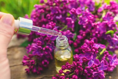 Leylak çiçeği özü ve diyet takviyeleri. Seçici odaklanma. Doğa. kapsüller,