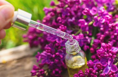 Leylak çiçeği özü ve diyet takviyeleri. Seçici odaklanma. Doğa. kapsüller,